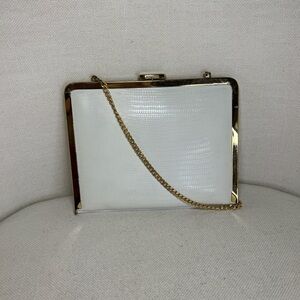 White Lizard-Embossed Frame Clutch with Gold Chain